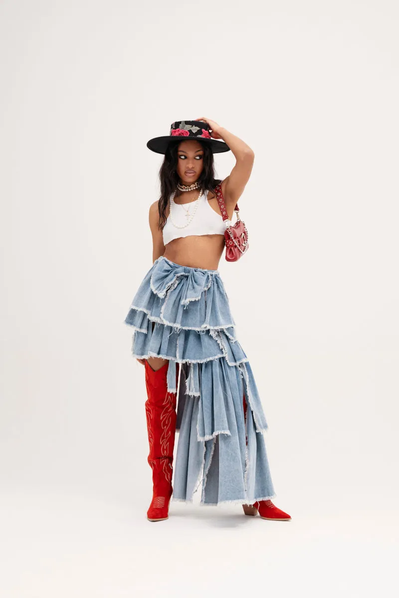 DISTRESSED TIERED ASYMMETRIC MIDI SKIRT sold by AKIRA