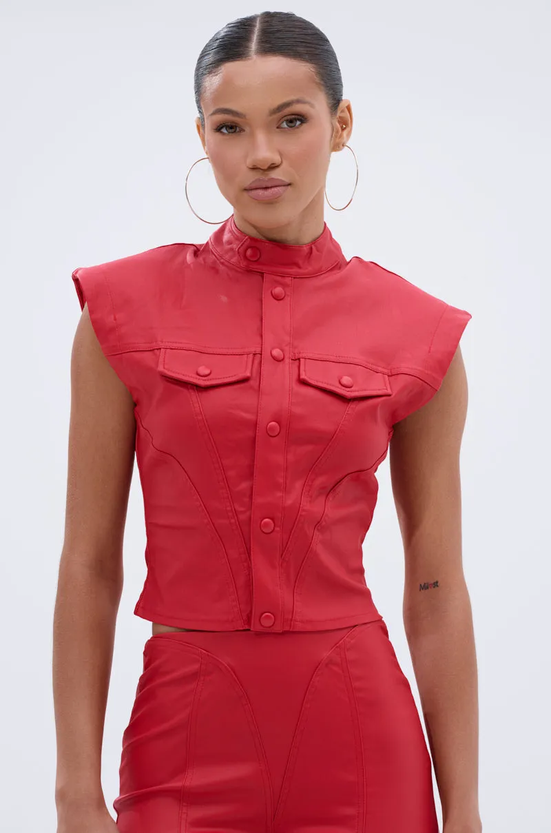 BIG CITY LIVIN FAUX LEATHER BUTTON DOWN sold by AKIRA