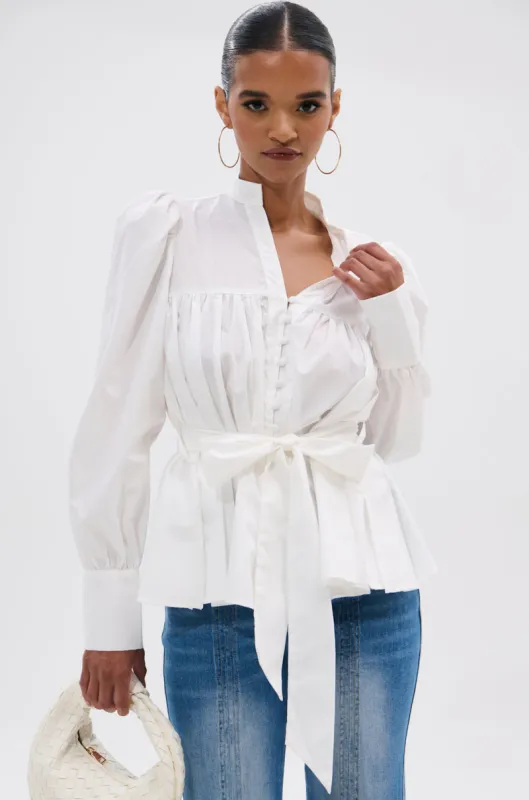 LADY VIBES BUTTON DOWN BLOUSE WITH BELT sold by AKIRA