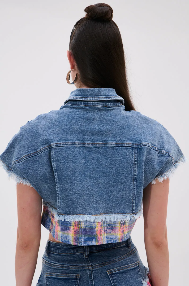 FULL OF LIFE DENIM BUTTON DOWN WITH PLAID DETAILS sold by AKIRA product image thumbnail 4