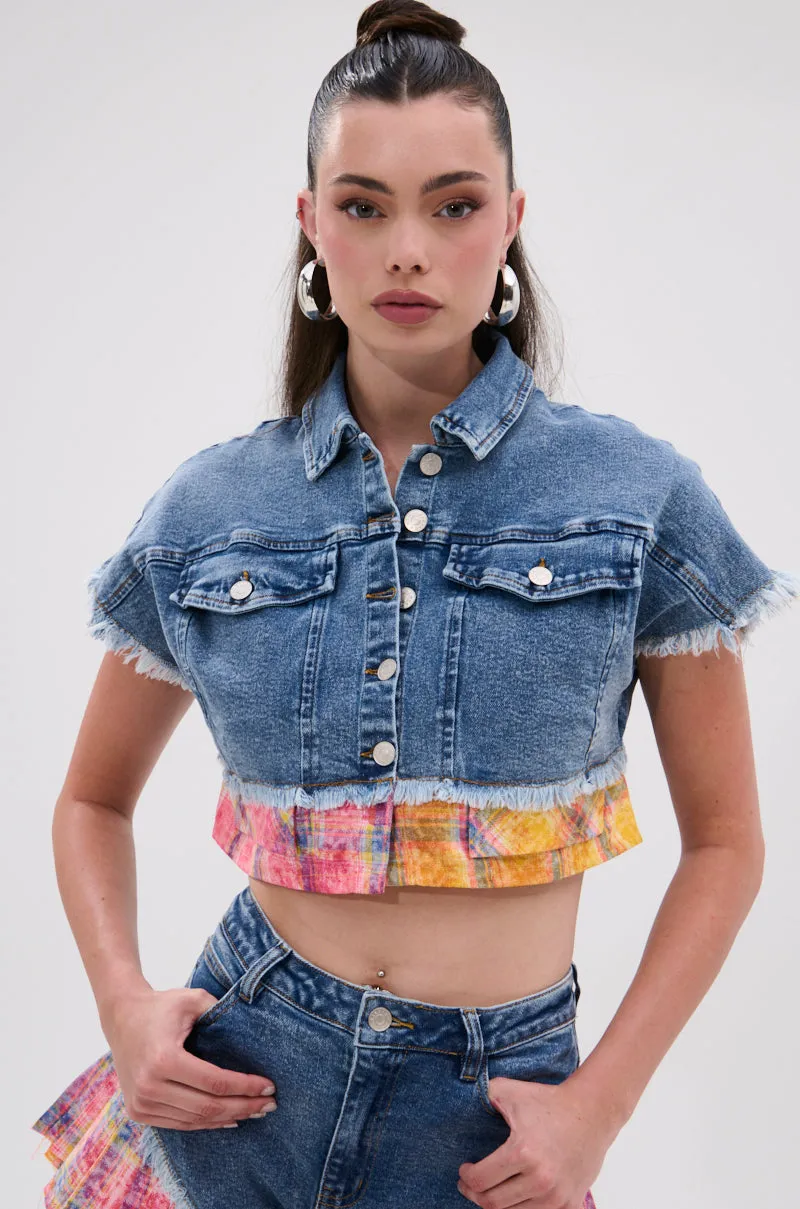 FULL OF LIFE DENIM BUTTON DOWN WITH PLAID DETAILS sold by AKIRA product image thumbnail 2