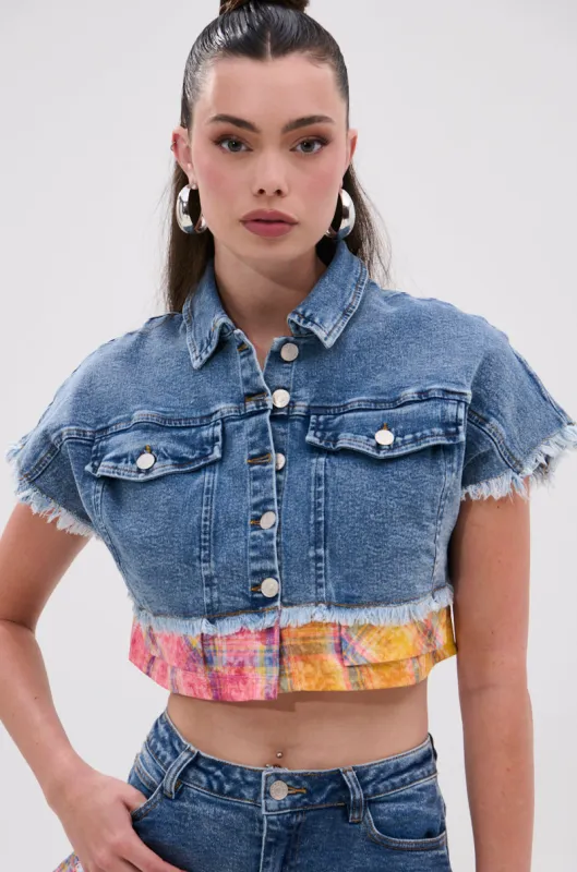 FULL OF LIFE DENIM BUTTON DOWN WITH PLAID DETAILS sold by AKIRA