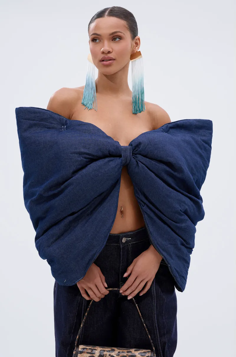 PADDED DENIM BOW TOP sold by AKIRA
