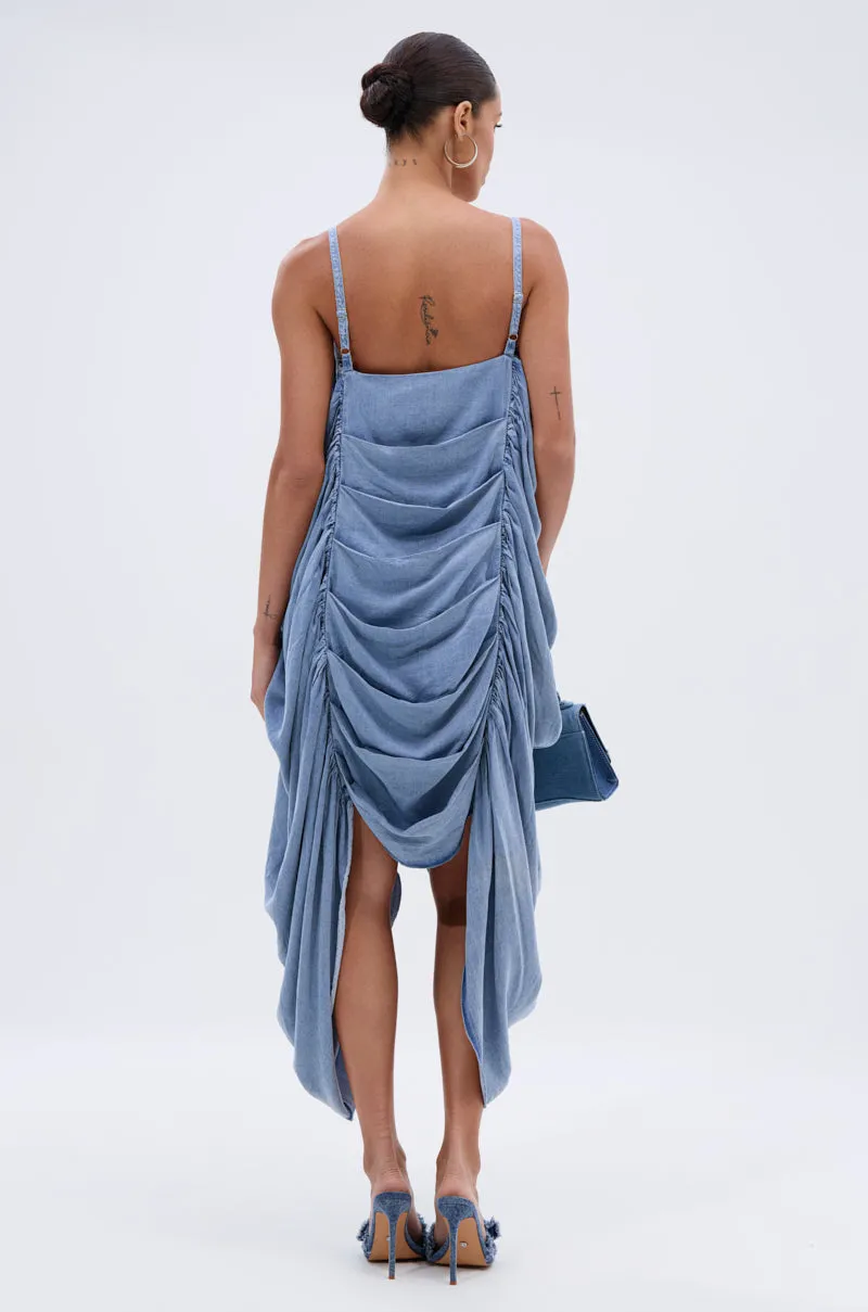 SMOOTH OPERATOR RUCHED MIDI DRESS IN DENIM sold by AKIRA product image thumbnail 4