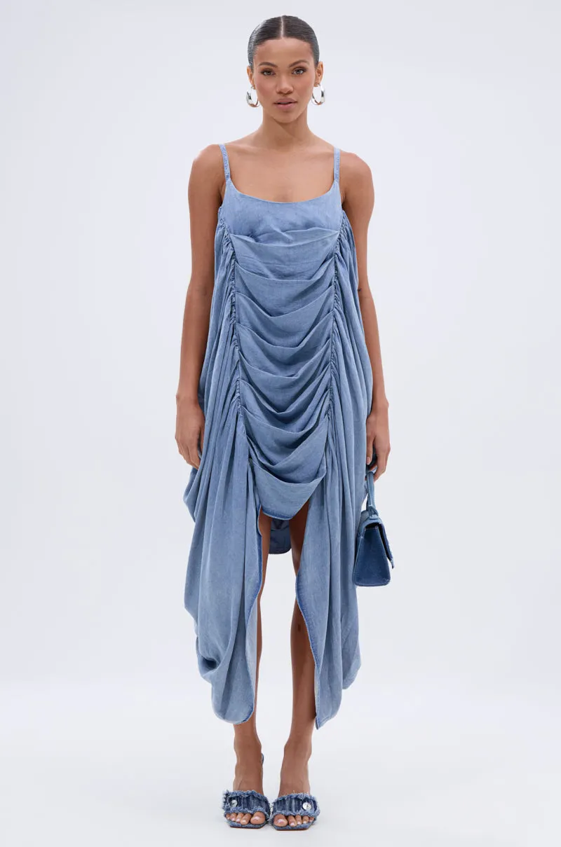 SMOOTH OPERATOR RUCHED MIDI DRESS IN DENIM sold by AKIRA product image thumbnail 2