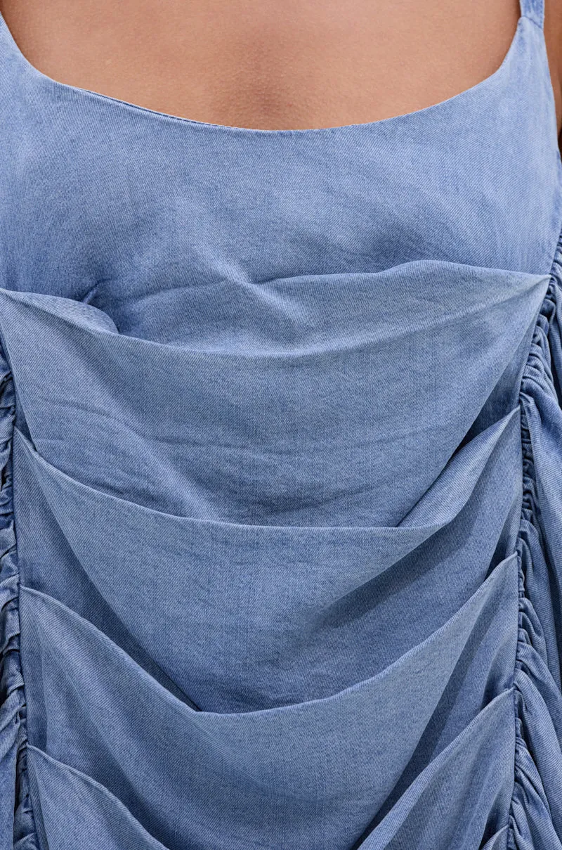 SMOOTH OPERATOR RUCHED MIDI DRESS IN DENIM sold by AKIRA product image thumbnail 5