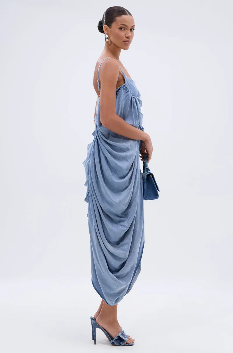 SMOOTH OPERATOR RUCHED MIDI DRESS IN DENIM sold by AKIRA product image thumbnail 3