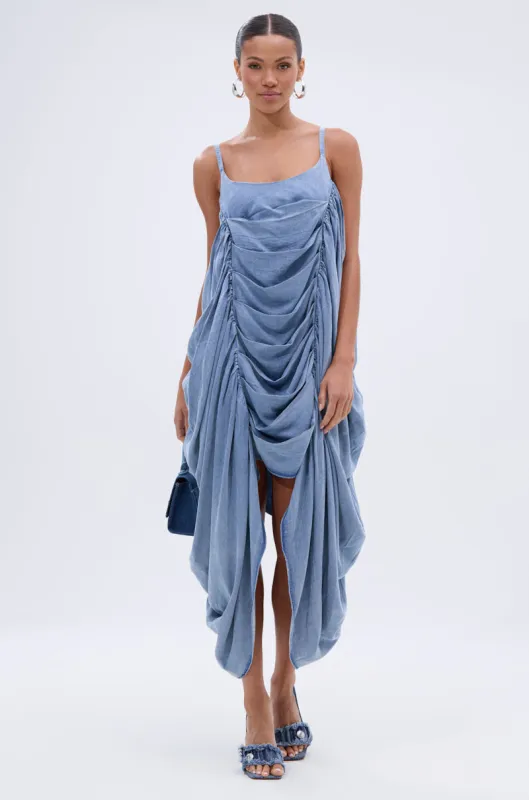 SMOOTH OPERATOR RUCHED MIDI DRESS IN DENIM sold by AKIRA