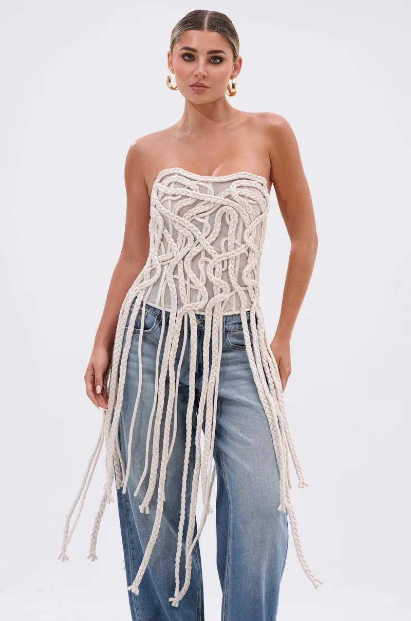 NEVER LOST TASSEL MESH CORSET sold by AKIRA