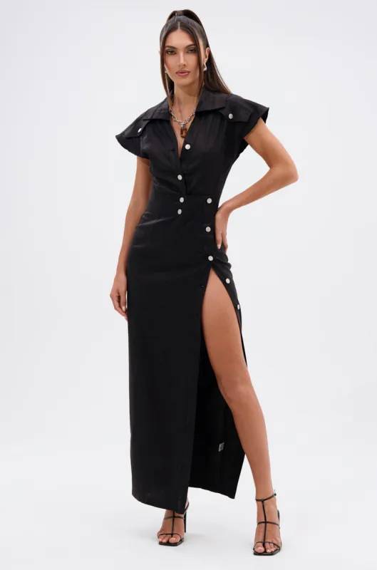 CHELSEA BUTTON SIDE COATED DENIM MAXI DRESS sold by AKIRA