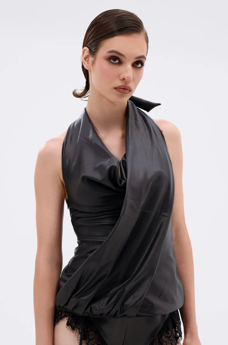 KRISTIN FAUX LEATHER HALTER BLOUSE IN BLACK sold by AKIRA product image thumbnail 3