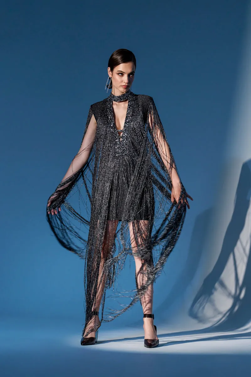 MIXED MESSAGES METALLIC BANDAGE MINI DRESS WITH FRINGE sold by AKIRA