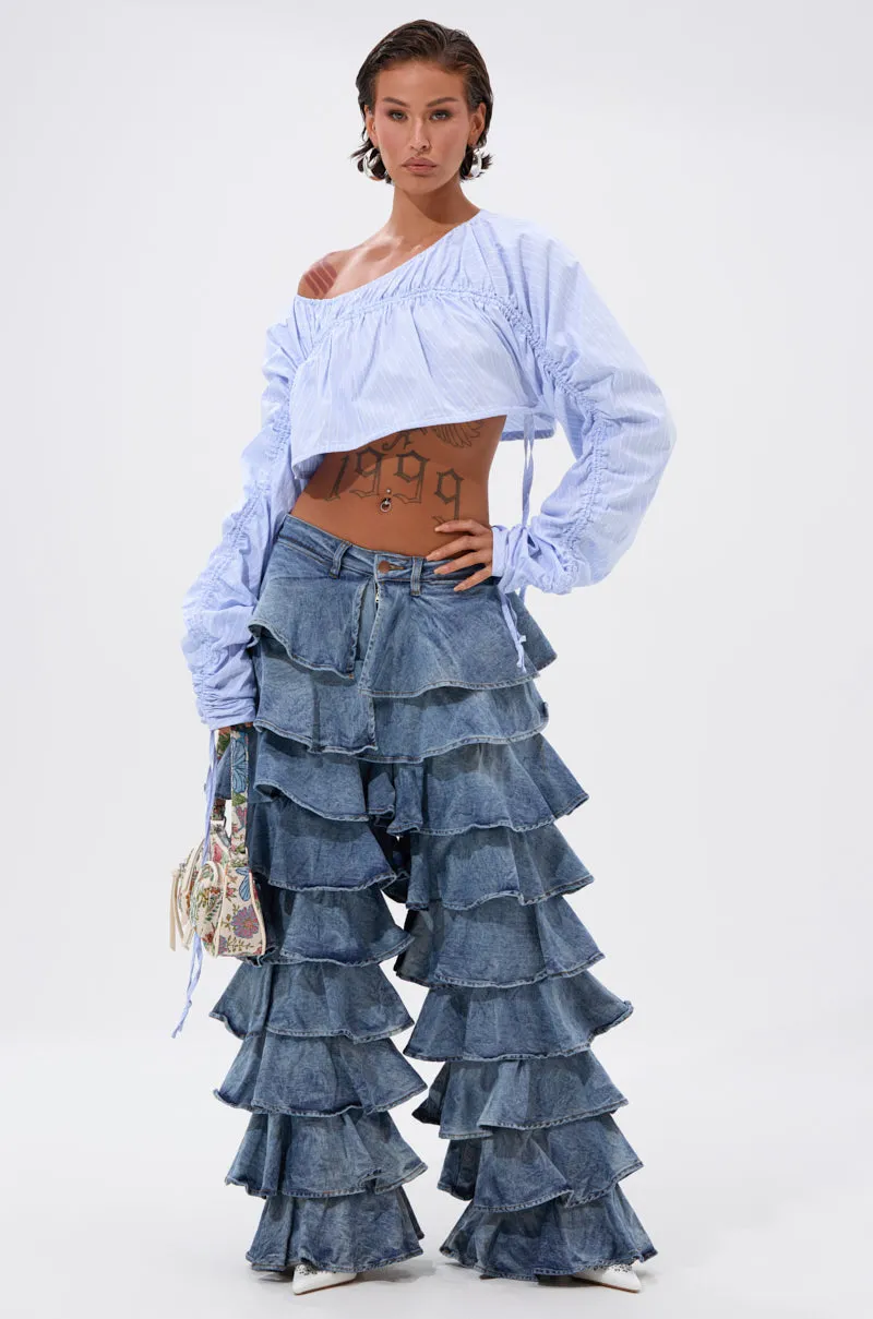 LOOK THIS WAY RUFFLE DENIM PANT sold by AKIRA
