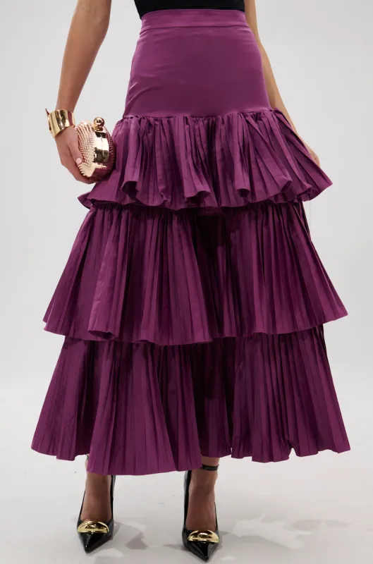 DANCE AROUND WITH ME PLEATED MAXI SKIRT IN PLUM sold by AKIRA