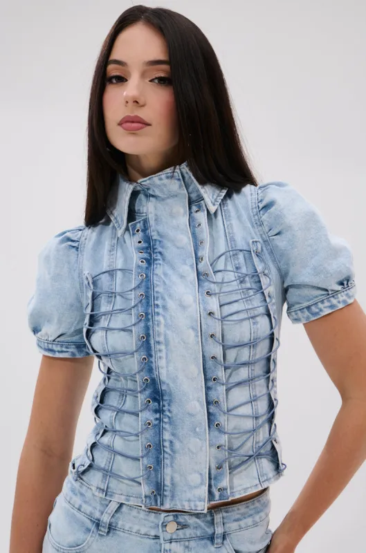WAYS TO GO TIE DENIM BLOUSE sold by AKIRA