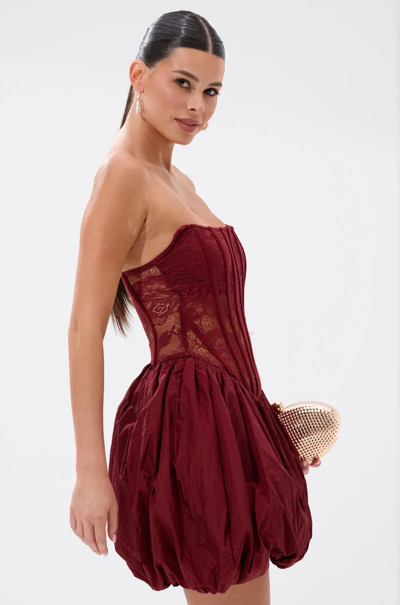 BELINA LACE MINI DRESS WITH BUBBLE SKIRT IN BURGUNDY sold by AKIRA product image thumbnail 3