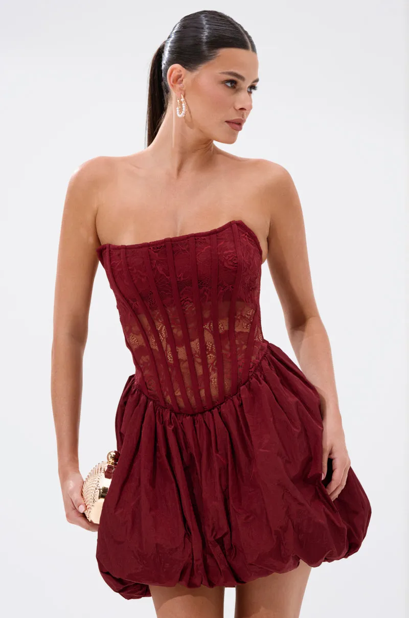 BELINA LACE MINI DRESS WITH BUBBLE SKIRT IN BURGUNDY sold by AKIRA product image thumbnail 2