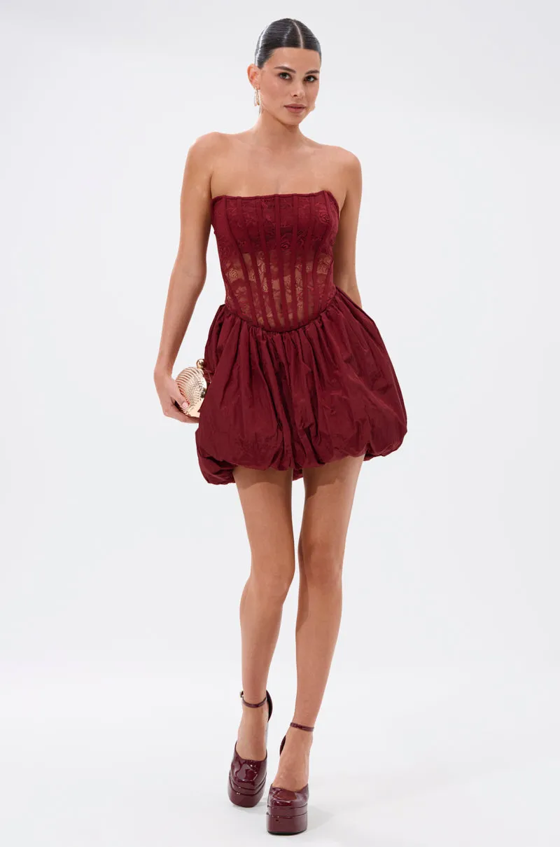 BELINA LACE MINI DRESS WITH BUBBLE SKIRT IN BURGUNDY sold by AKIRA product image thumbnail 5
