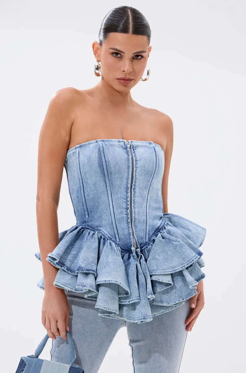 EVA DENIM PEPLUM CORSET TOP sold by AKIRA product image thumbnail 3