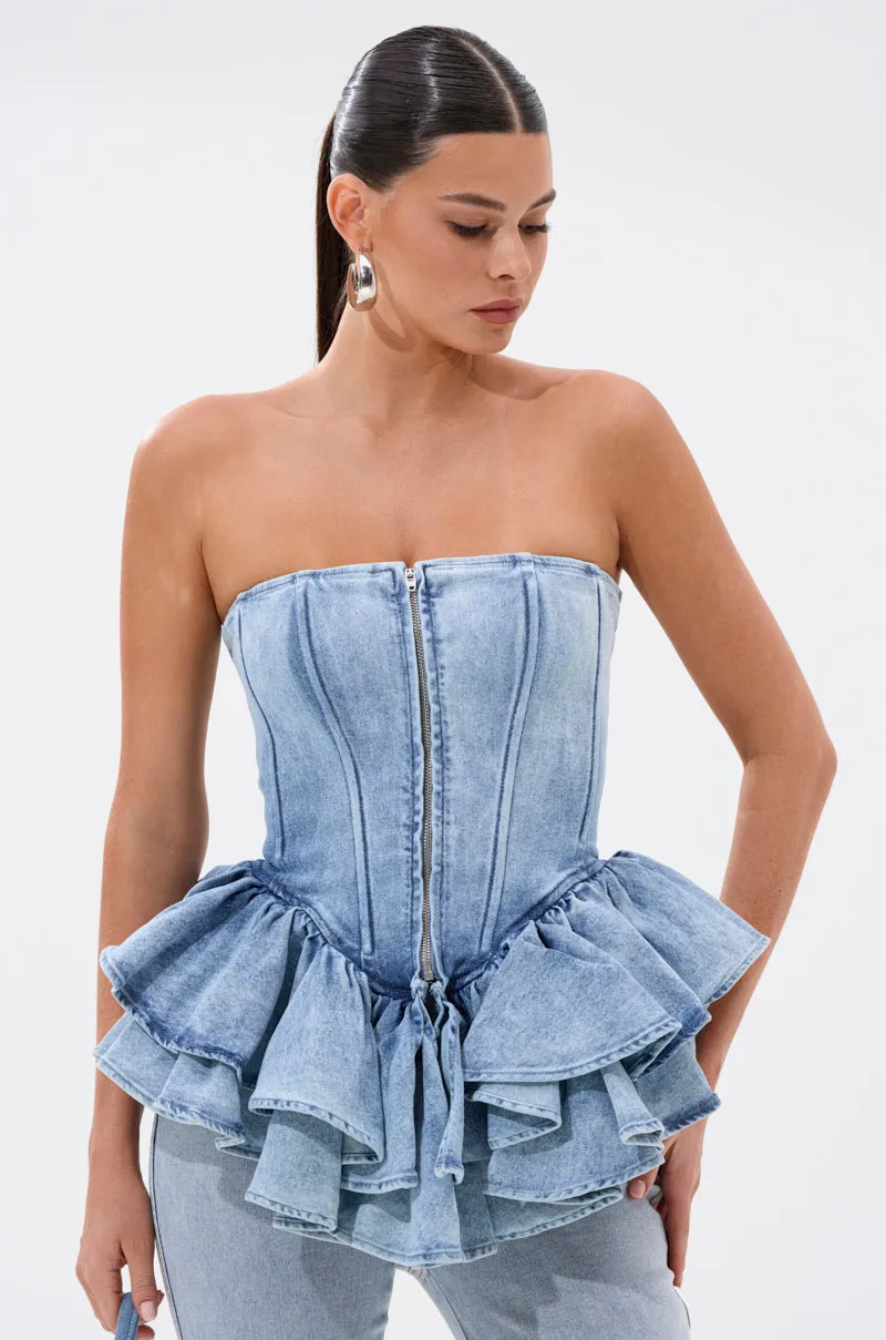 EVA DENIM PEPLUM CORSET TOP sold by AKIRA product image thumbnail 2