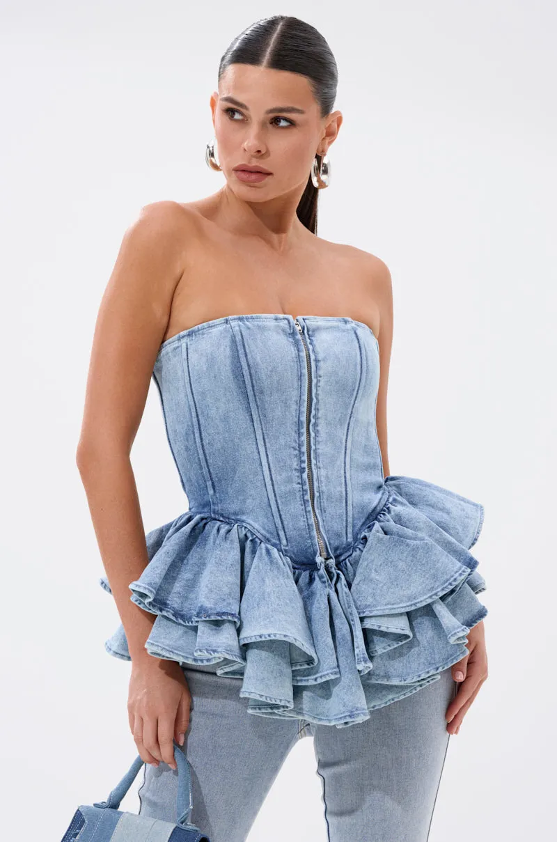 EVA DENIM PEPLUM CORSET TOP sold by AKIRA