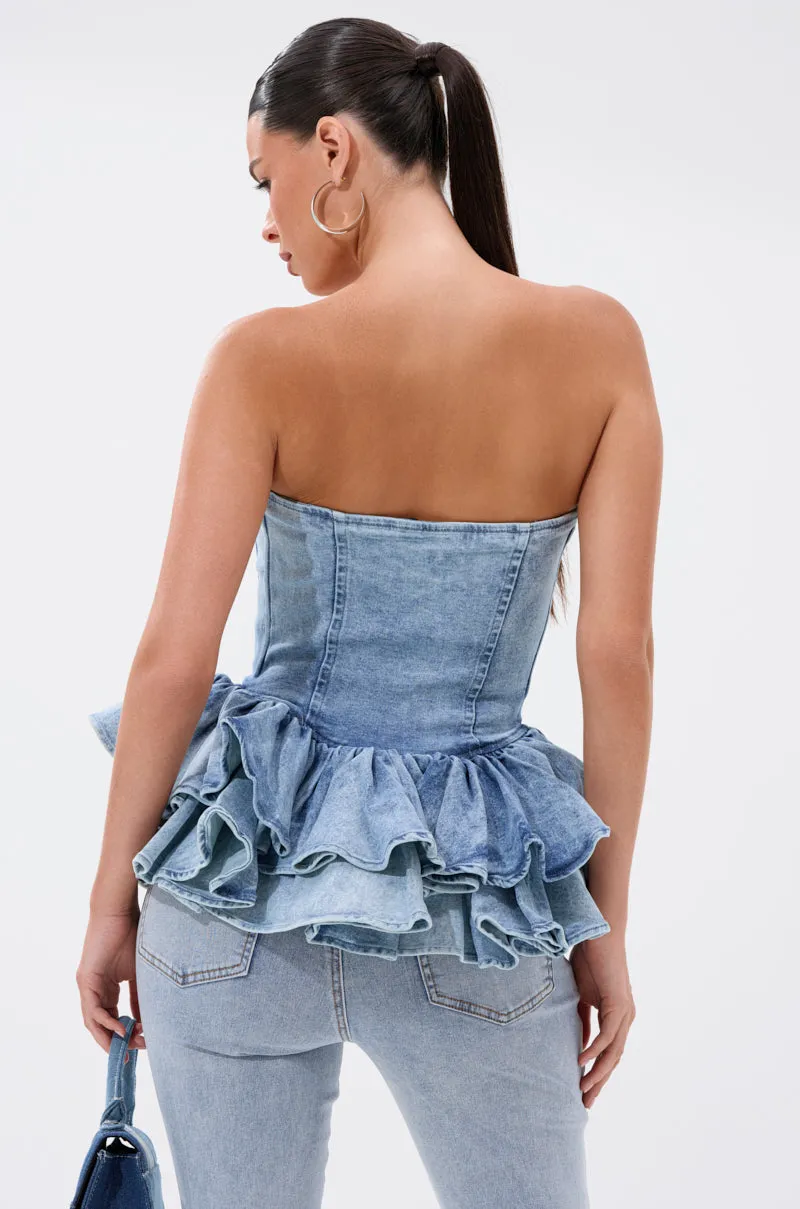 EVA DENIM PEPLUM CORSET TOP sold by AKIRA product image thumbnail 5