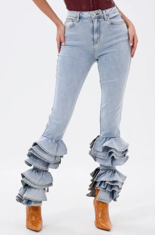 NOT ENOUGH RUFFLE DENIM sold by AKIRA