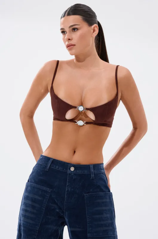 READ BETWEEN THE LINES CLOCK BRALETTE sold by AKIRA