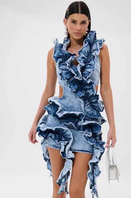 SAY IT AGAIN RUFFLED DENIM MINI DRESS sold by AKIRA