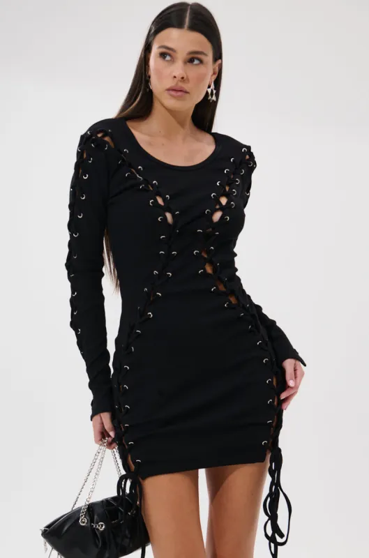 RUN THIS TOWN LACE UP MINI DRESS sold by AKIRA