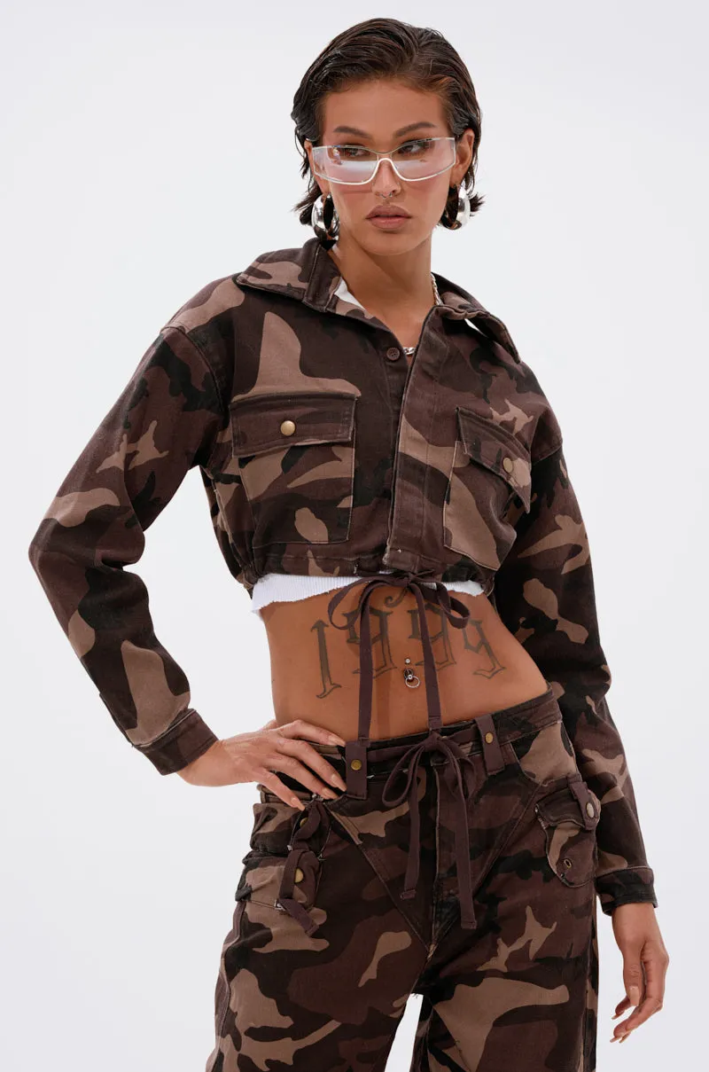 CANT SEE ME BROWN CAMO CROPPED BUTTON DOWN sold by AKIRA product image thumbnail 3