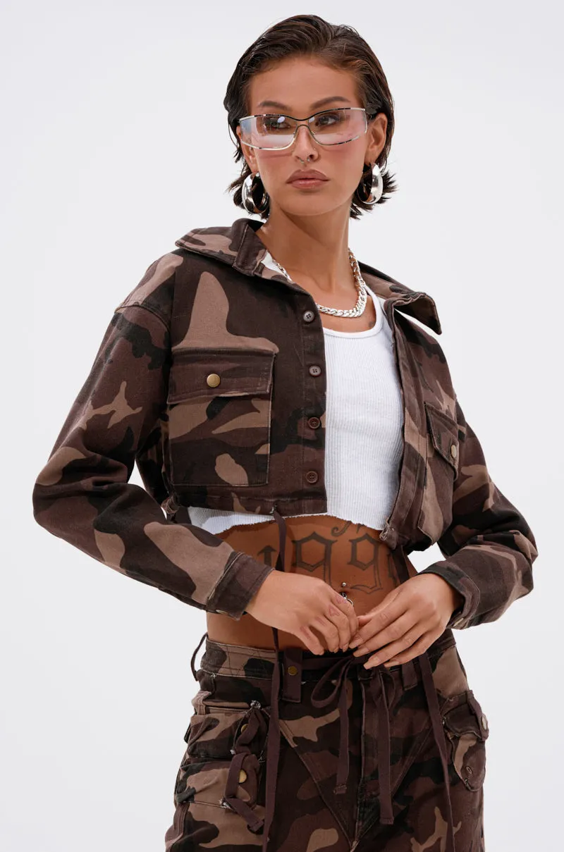 CANT SEE ME BROWN CAMO CROPPED BUTTON DOWN sold by AKIRA product image thumbnail 2