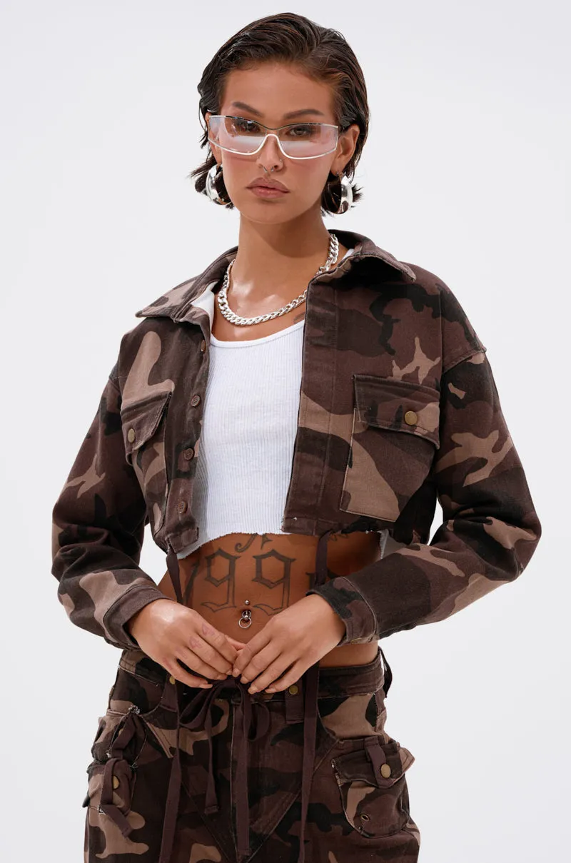CANT SEE ME BROWN CAMO CROPPED BUTTON DOWN sold by AKIRA