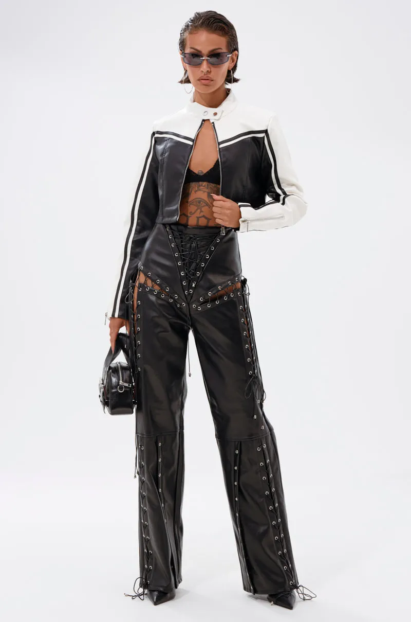 ROCK MY WORLD FAUX LEATHER LACE UP PANT sold by AKIRA