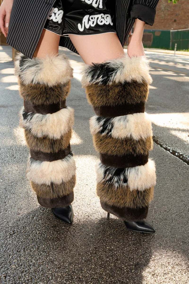 AZALEA WANG LANGLAU BROWN MULTI STILETTO FUR BOOT sold by AKIRA