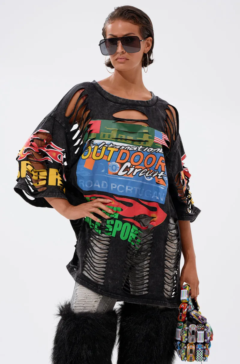 OFF TO THE RACES DISTRESSED OVERSIZED TEE sold by AKIRA