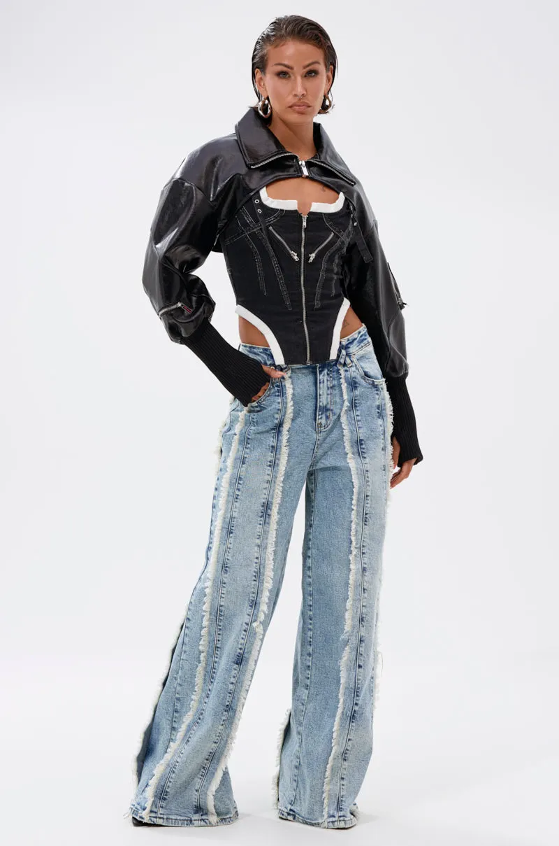 WHO KNOWS DISTRESSED WIDE LEG DENIM sold by AKIRA