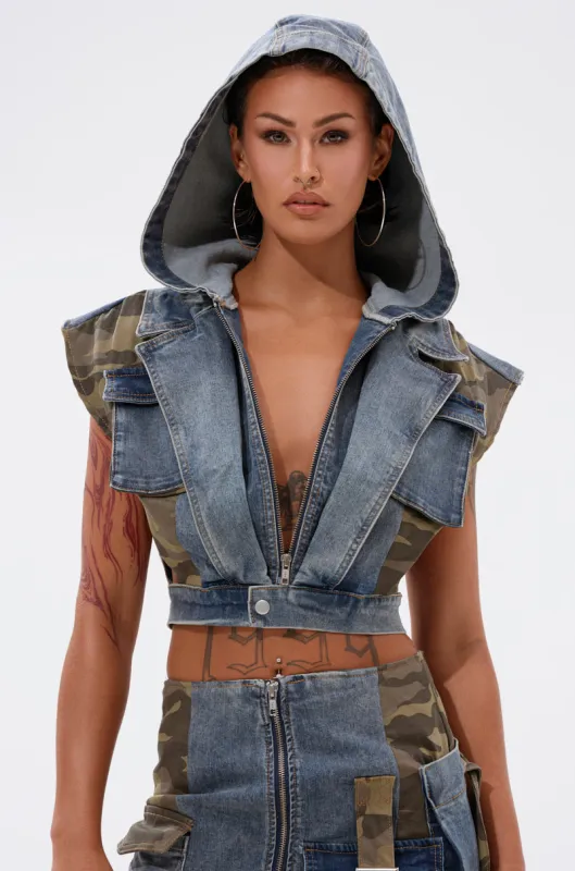 DOWN AND DIRTY DENIM HOODED VEST sold by AKIRA
