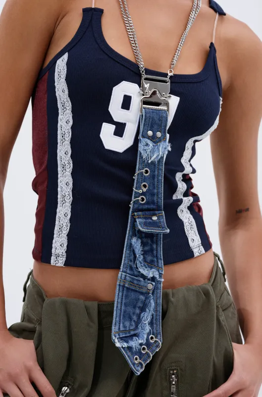 MIXED FEELINGS DENIM TIE sold by AKIRA