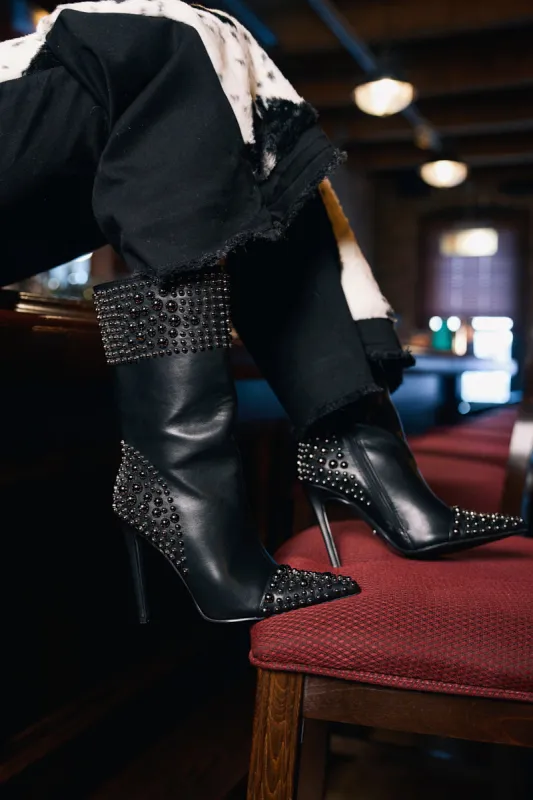 AZALEA WANG CRESSINDA BLACK GUNMETAL DOME STUD STILETTO BOOTIE sold by AKIRA