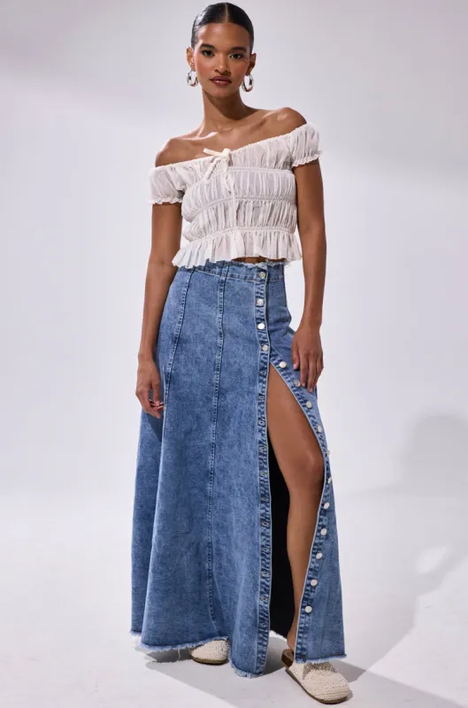 TIFFANY BLUE DENIM MAXI SKIRT sold by AKIRA