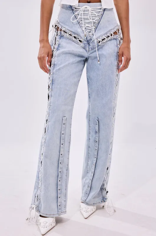 FEELING BLESSED LACE UP DENIM sold by AKIRA