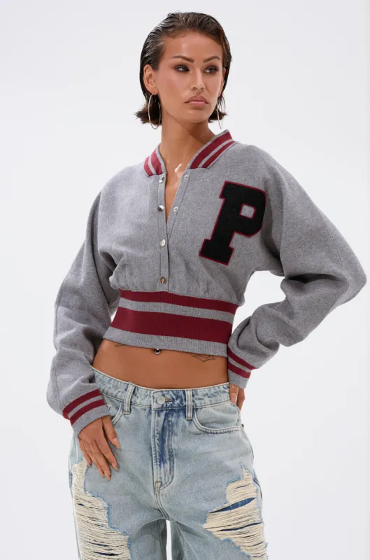 VARSITY TEAM BUTTON DOWN SWEATER IN HEATHER GREY sold by AKIRA