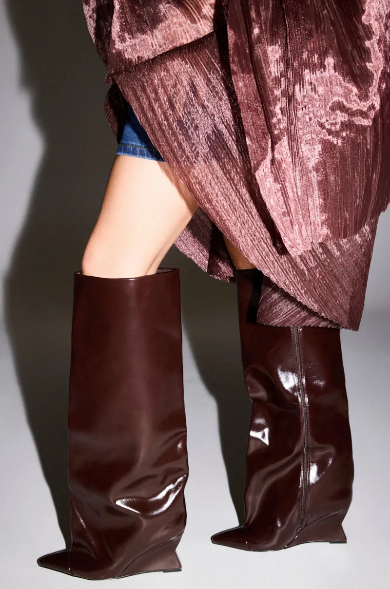 AZALEA WANG KENYA BROWN KNEE HIGH WEDGE BOOT sold by AKIRA