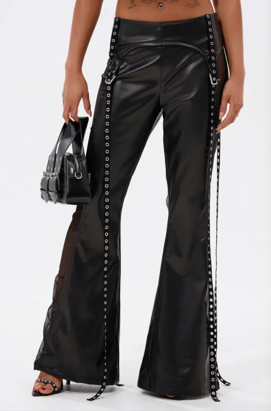 THIS GIRL IS ON FIRL FAUX LEATHER FLARE PANT sold by AKIRA
