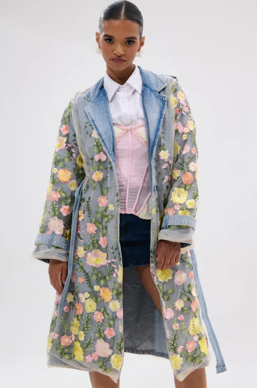 LIFE IN COLOR FLORAL DENIM TRENCH sold by AKIRA