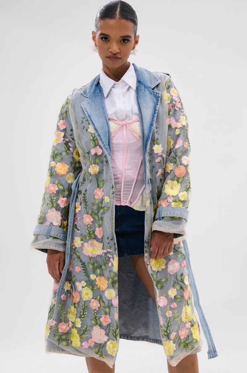 LIFE IN COLOR FLORAL DENIM TRENCH sold by AKIRA
