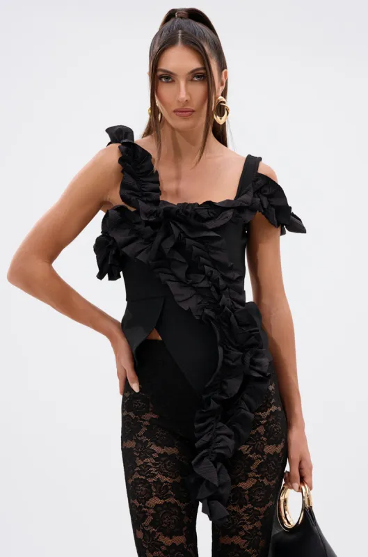 RUFFLES EVERYWHERE BANDAGE BLOUSE sold by AKIRA