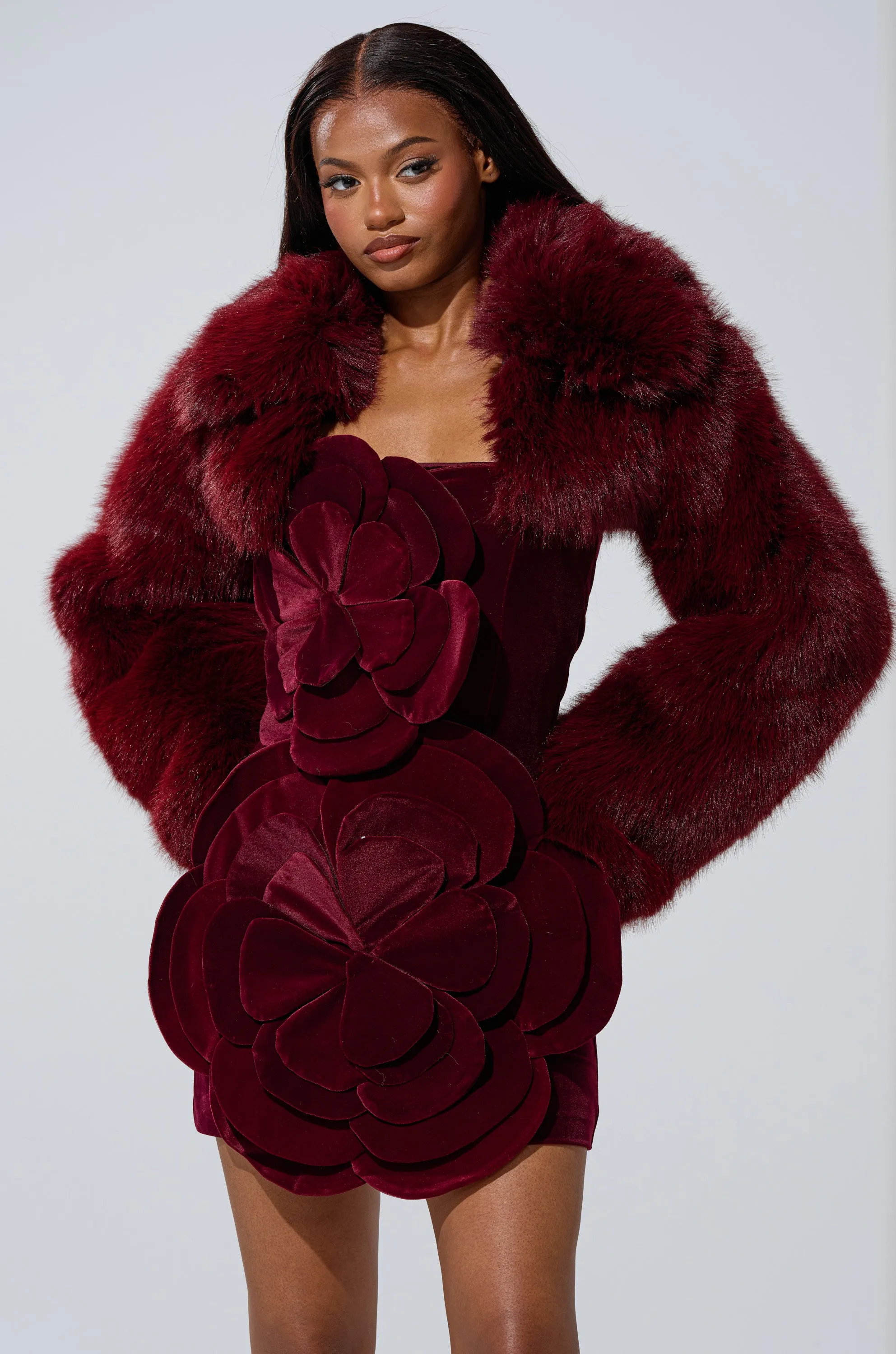 LEILA ULTRA CROP FAUX FUR IN BURGUNDY sold by AKIRA product image thumbnail 4