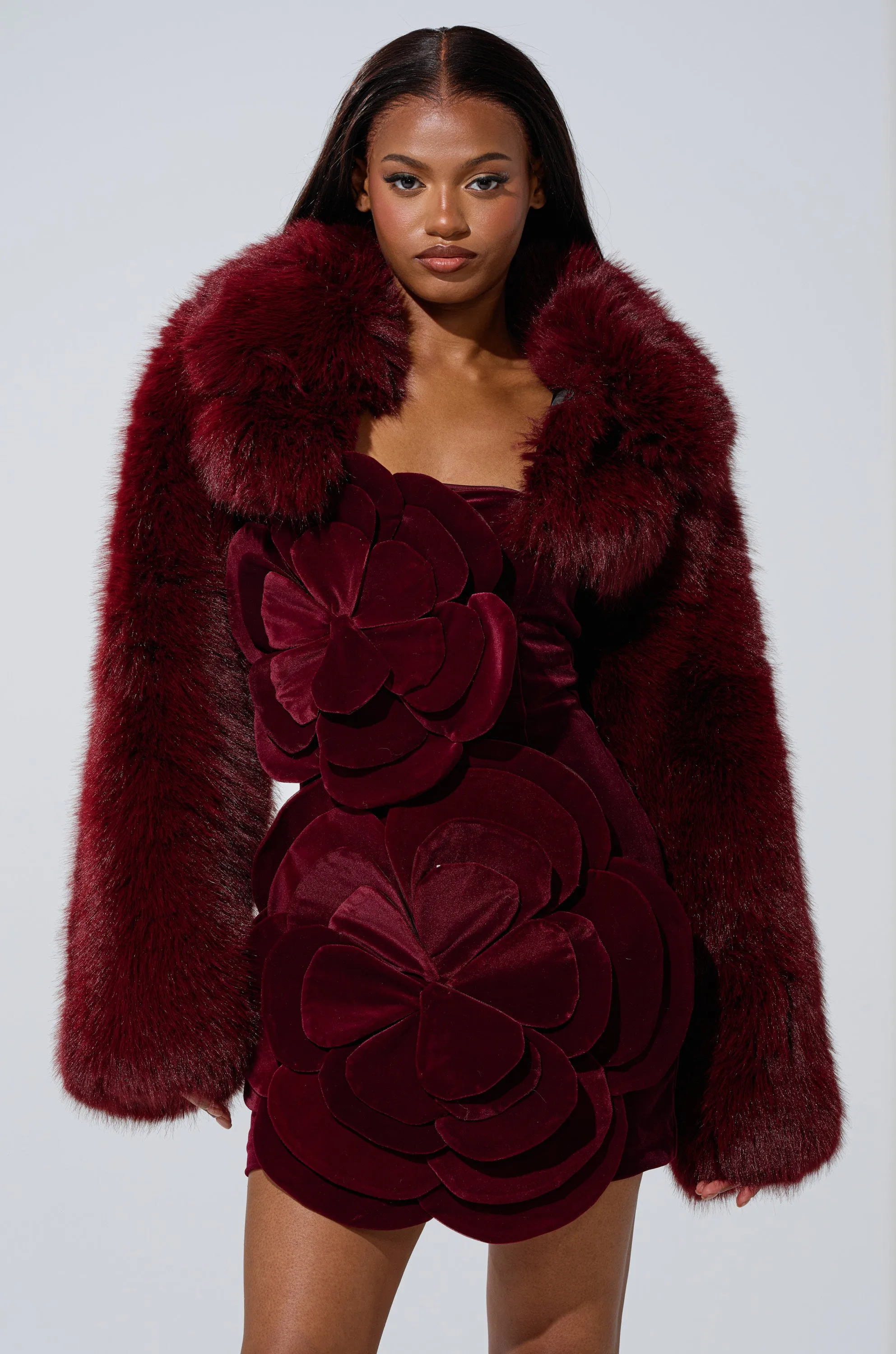 LEILA ULTRA CROP FAUX FUR IN BURGUNDY sold by AKIRA product image thumbnail 3